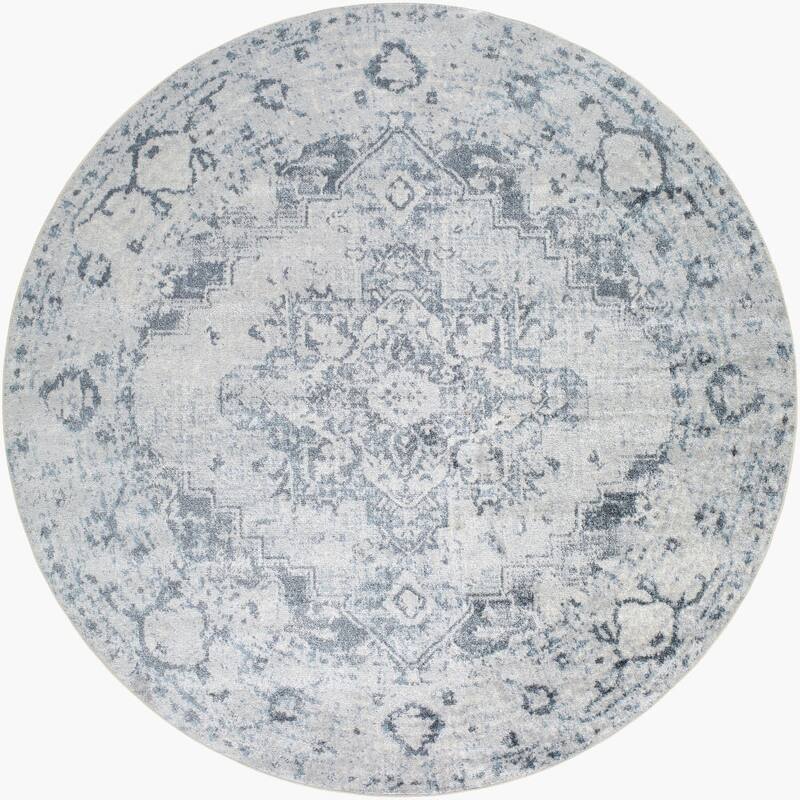 Livabliss Lillian Transitional Medallion Machine Washable Area Rug - Blue/Grey - 6'7" Round