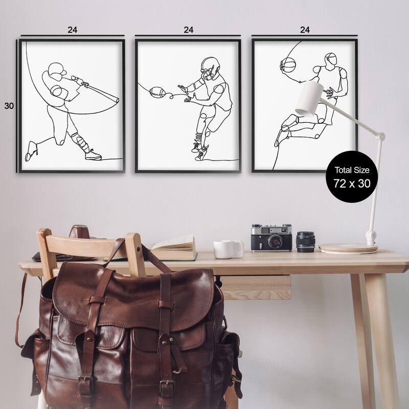 Stupell Simple Line Doodle People Playing Sports Baseball Football Basketball Framed 3 Piece Wall Art - Black