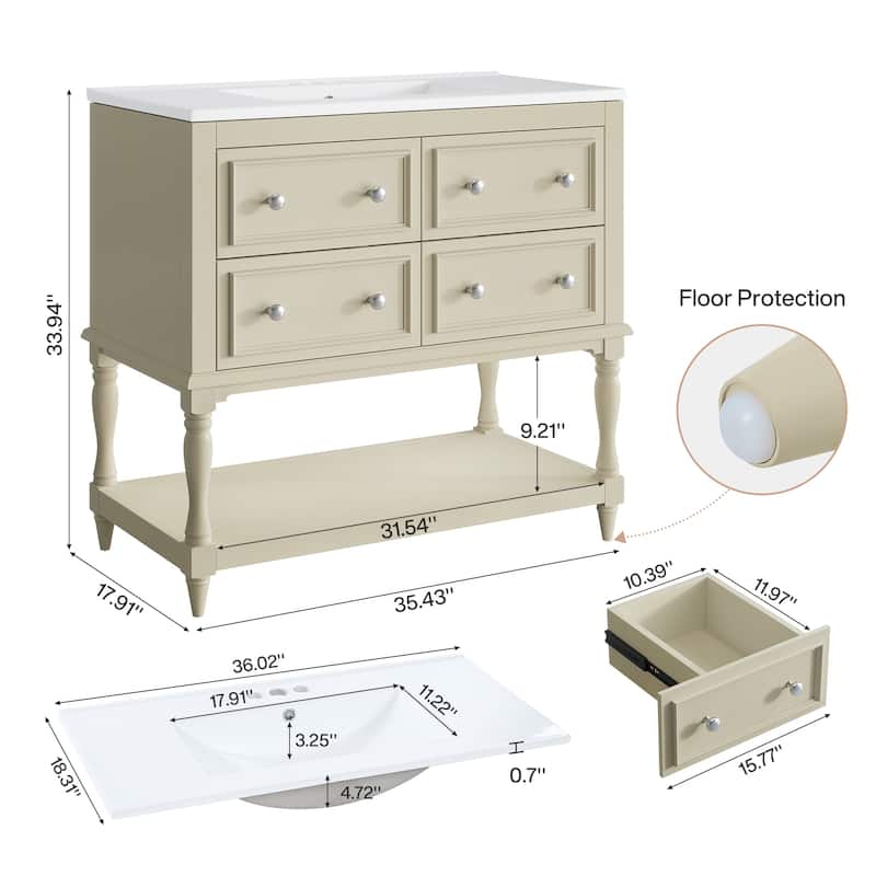 36" Modern Bathroom Vanity with Ceramic Basin, 4 Drawers