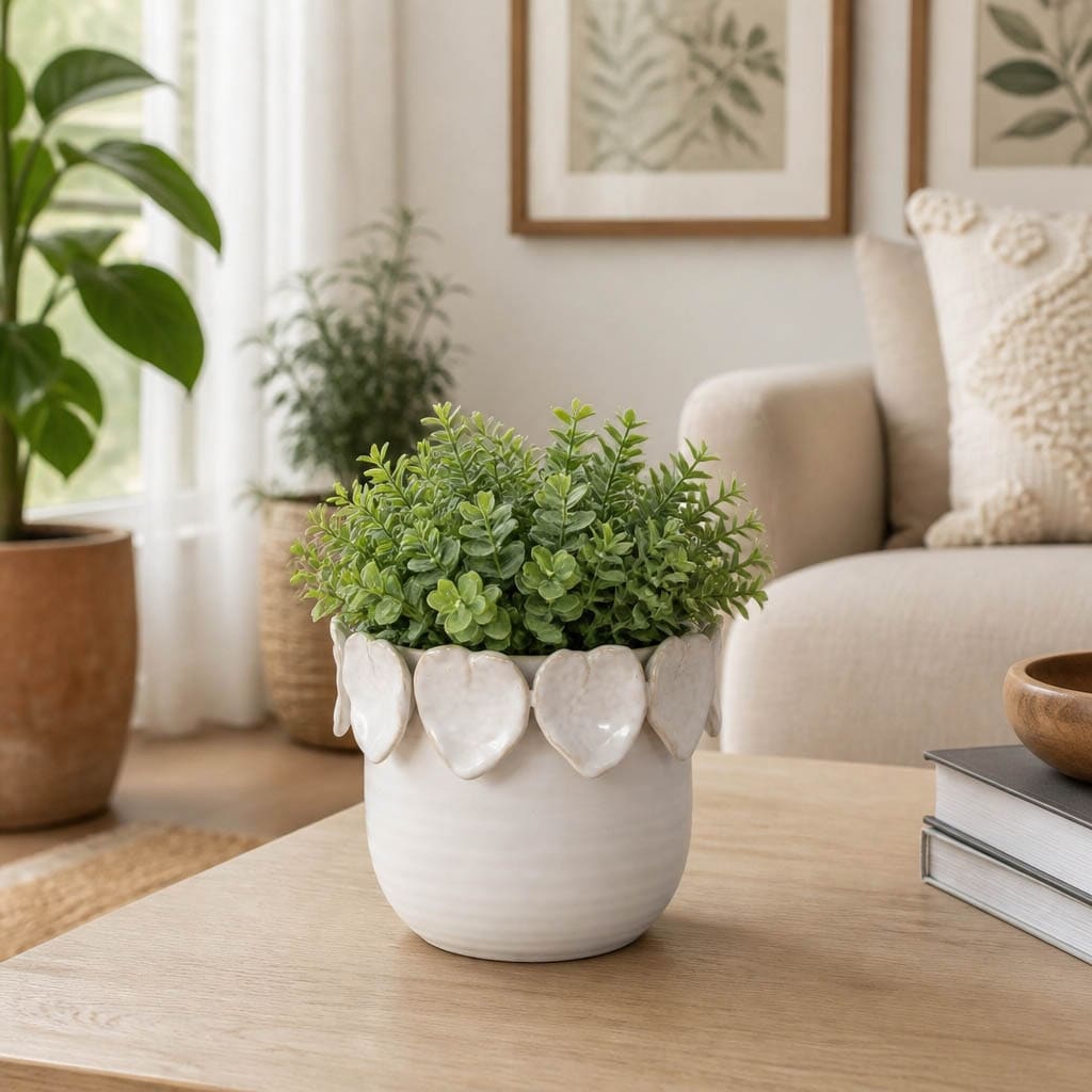 Modern Leaf Applique Accent Round Ceramic Planter - 6" - 6.0"
