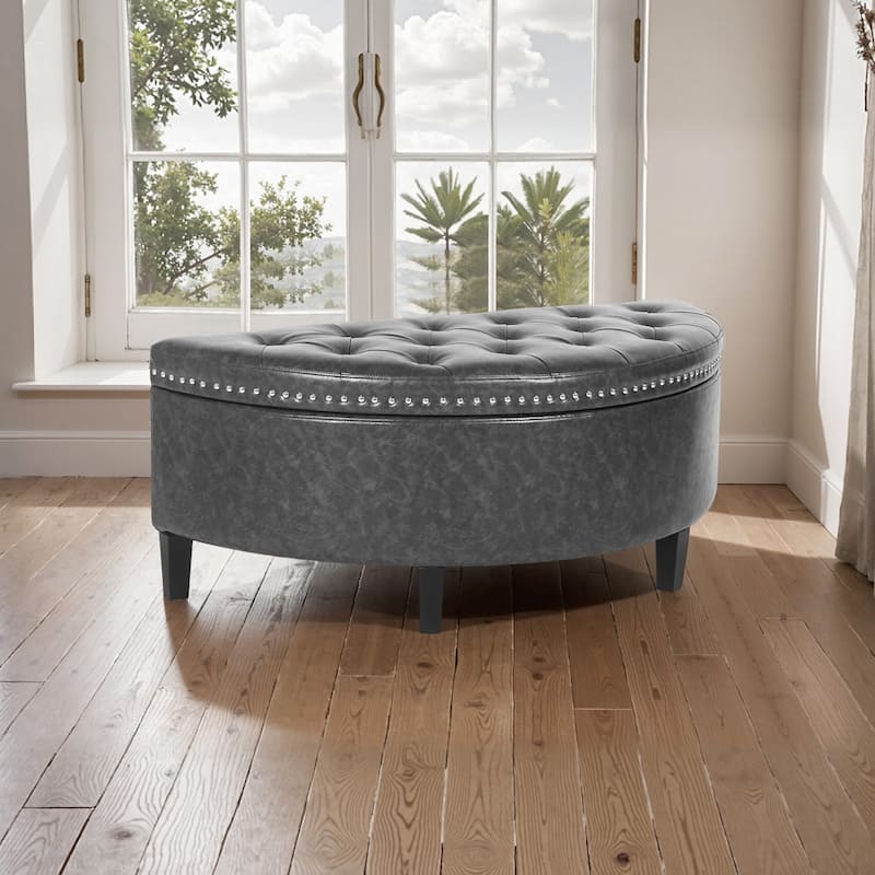 Adeco Half Moon Tufted Storage Ottoman Bench