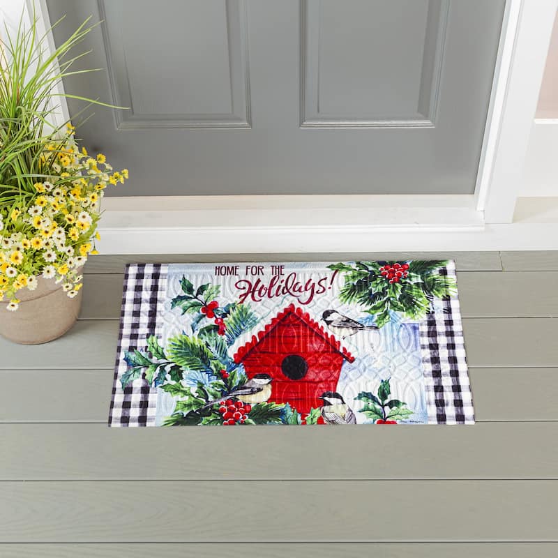 Chickadees Holiday Birdhouse Embossed Floor Mat