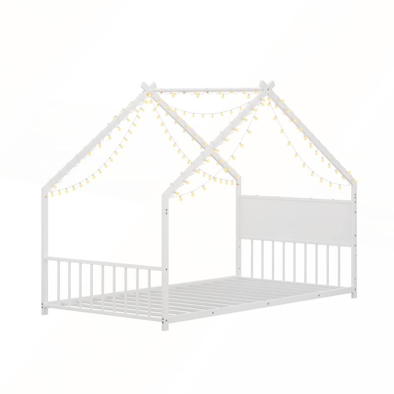 Twin Size House Bed with Roof and Colorful Lights