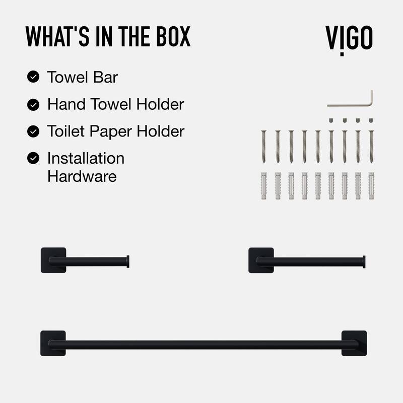 VIGO Satro 3-Piece Bathroom Hardware Accessory Set with 24 in. Towel Bar, Toilet Paper Holder, Hand Towel Holder