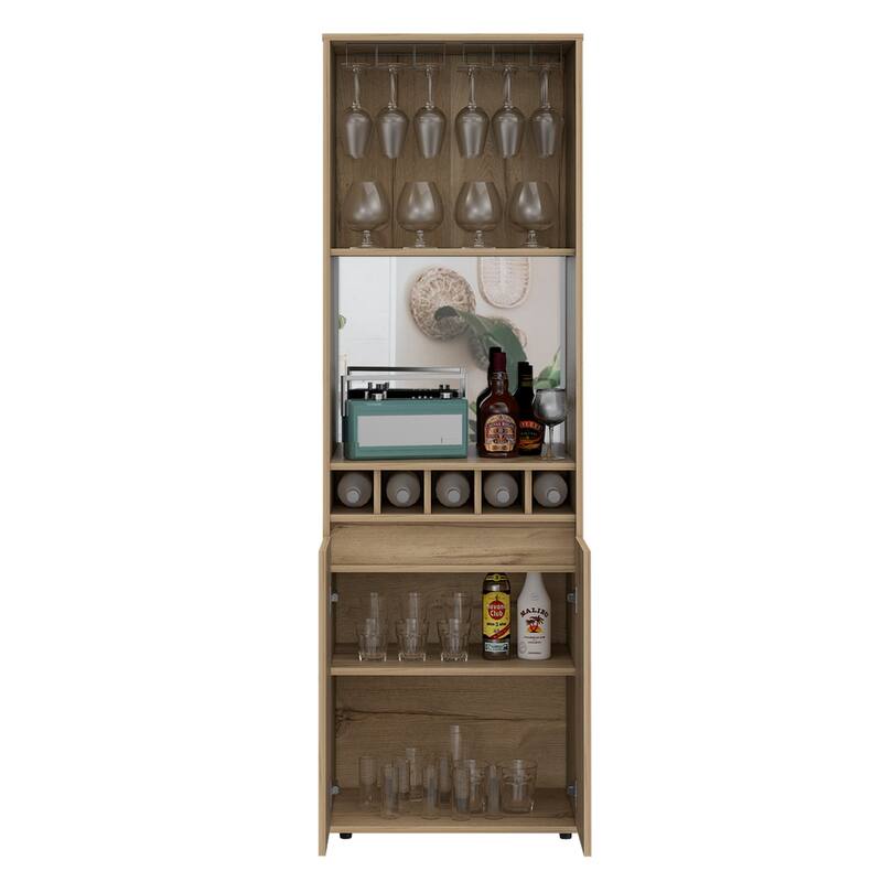 Redding Bar Cabinet, One Cabinet, Interior Shelves, Five Bottle Cubbies, Two Shelves, Light Oak