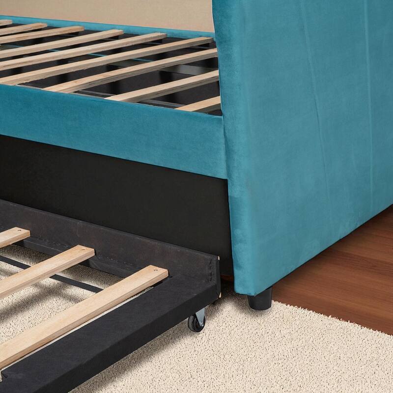 Twin Upholstered Daybed with Trundle Bed and Wood Slats, Velvet Sofa Bed Frame, No Box Spring Required