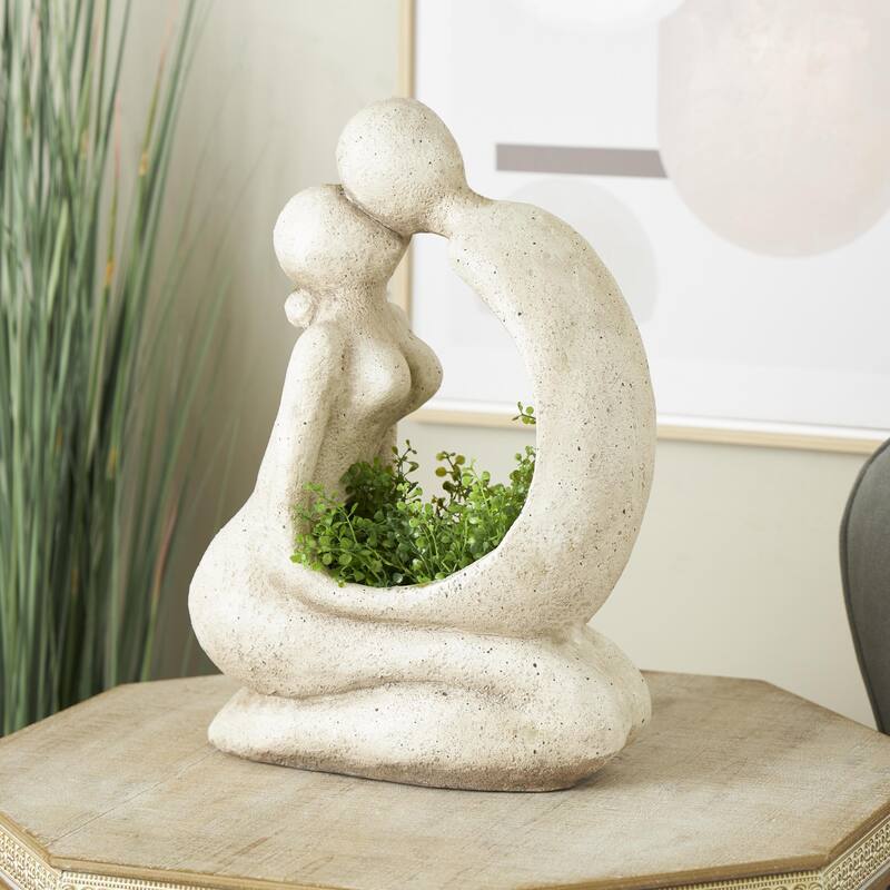 Cream Polystone Sitting People Indoor Outdoor Planter - 7"W x 14"L x 20"H
