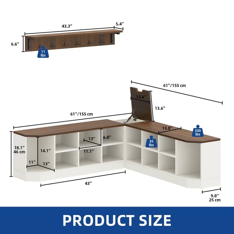 Moasis Corner L-Shaped Shoe Rack with Bench & Hooks