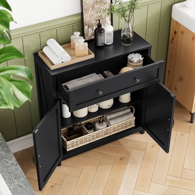 Anmytek Black Farmhouse Storage Cabinet with Drawer and Adjustable Shelf Barn Door Style for Bathroom and Kitchen