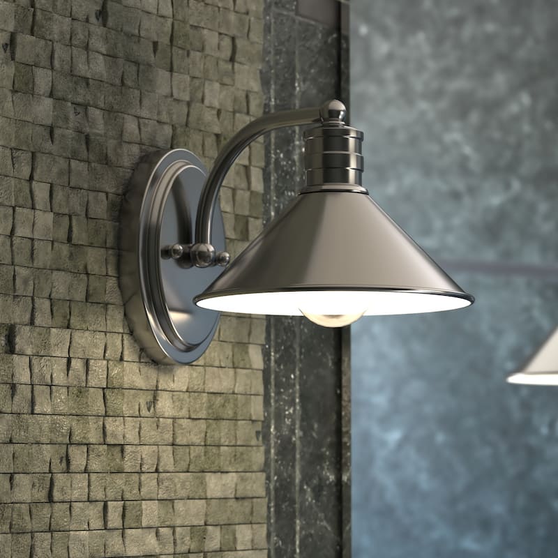 Akron 1-Light Farmhouse Barn Bathroom Wall Fixture - Satin Nickel and Matte White - 8-in W x 7.25-in H x 10-in D