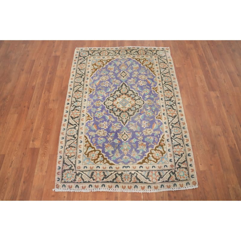 Hand Knotted Oriental 100% Wool Carpet Traditional Floral Purples Tabriz Area Rug - 4' 7'' X 3' 3''
