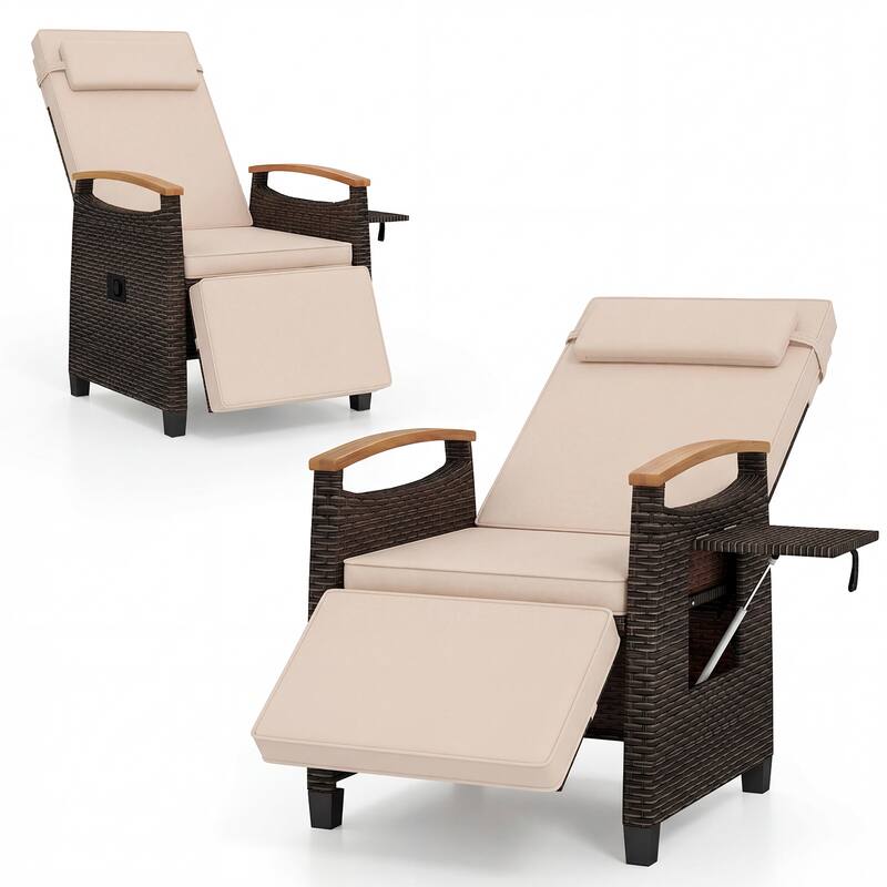 Gymax Set of 2 Patio Wicker Recliner Chair Rattan Lounge Chair w/