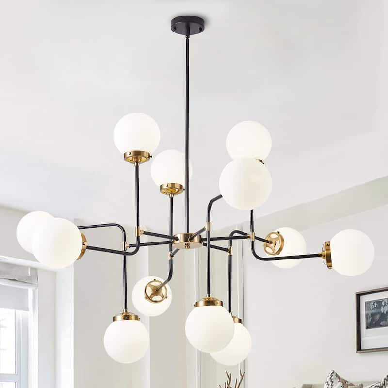 Modern Black 12-Light Sputnik Pendant Lamp with White Glass Shade - Black/White