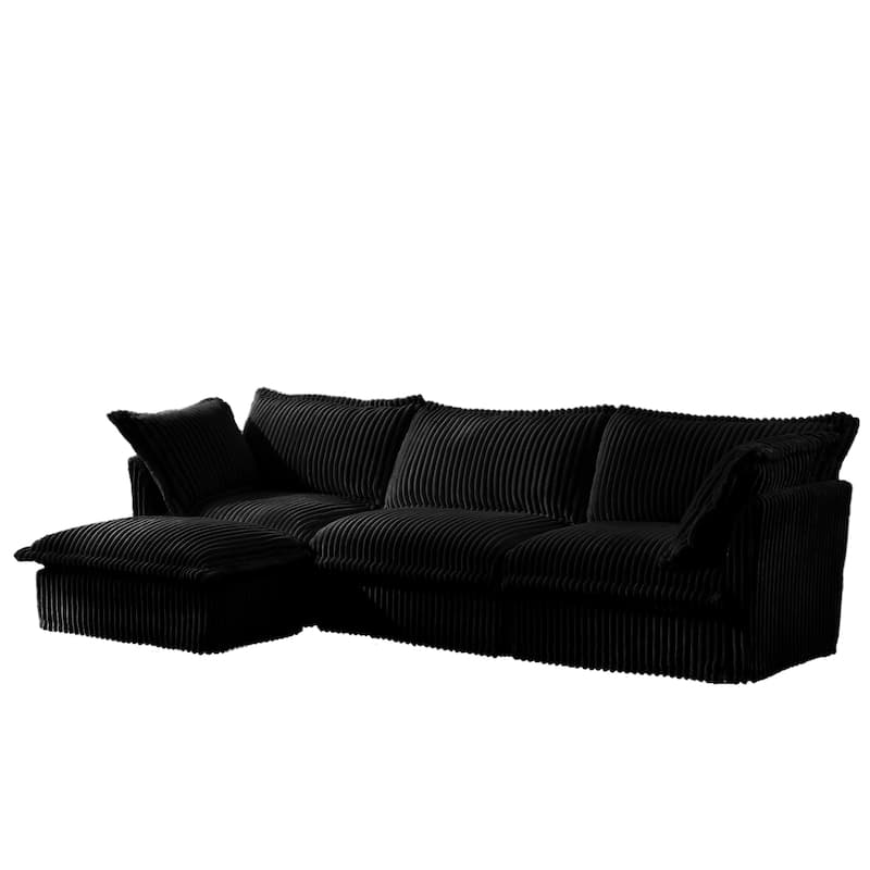 120" Corduroy L-Shaped 3-Seater Sectional with Convertible Ottoman, Removable Slipcover and Cloud-Like Cushions