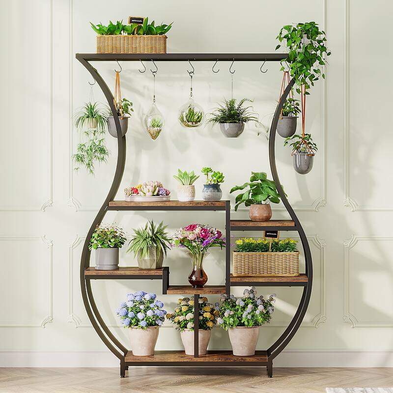 6 Tier Metal Plant Stand, 71 Inch Tall Plant Shelf with 10 Hanging Hooks - 47.2” W*11.8” D*70.9” H