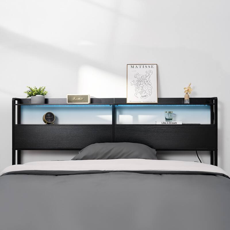 Black Carbon Steel Frame Headboard with LED Lights, Power Strips and Storage