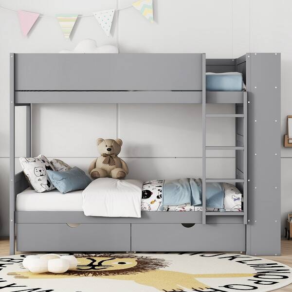 slide 2 of 32, Maximized Storage Space Wood Bunk Bed With 2 Drawers and Multi-layer Cabinet, Health and Comfort Grey
