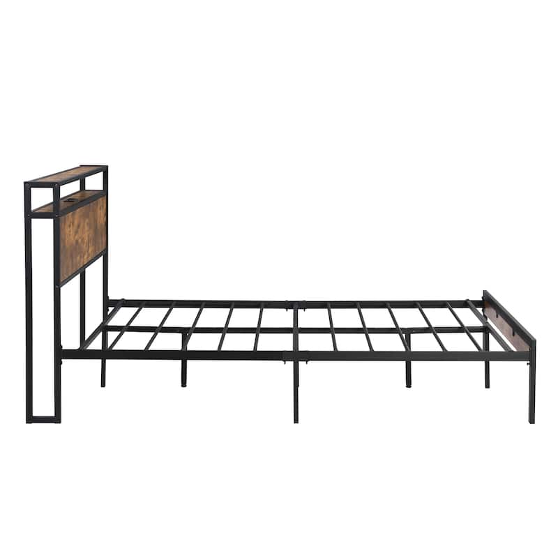 Metal Platform Bed Frame with Wooden Headboard