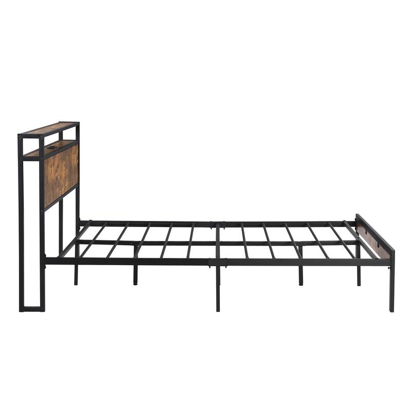 Queen Size Metal Platform Bed Frame with Wooden Headboard and Footboard