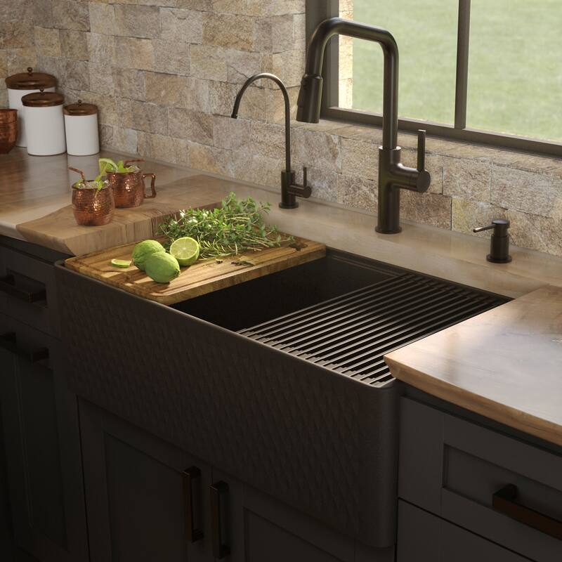 Karran 33" Single Bowl Workstation Fireclay Kitchen Sink with Reversible Diamond/Flat Apron Front