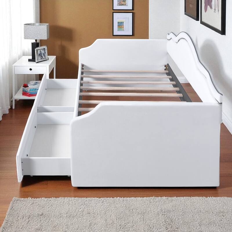 Twin/Full Size Upholstered Daybed with LED Lights, 2 Storage Drawers, Velvet Frame, No Box Spring Required