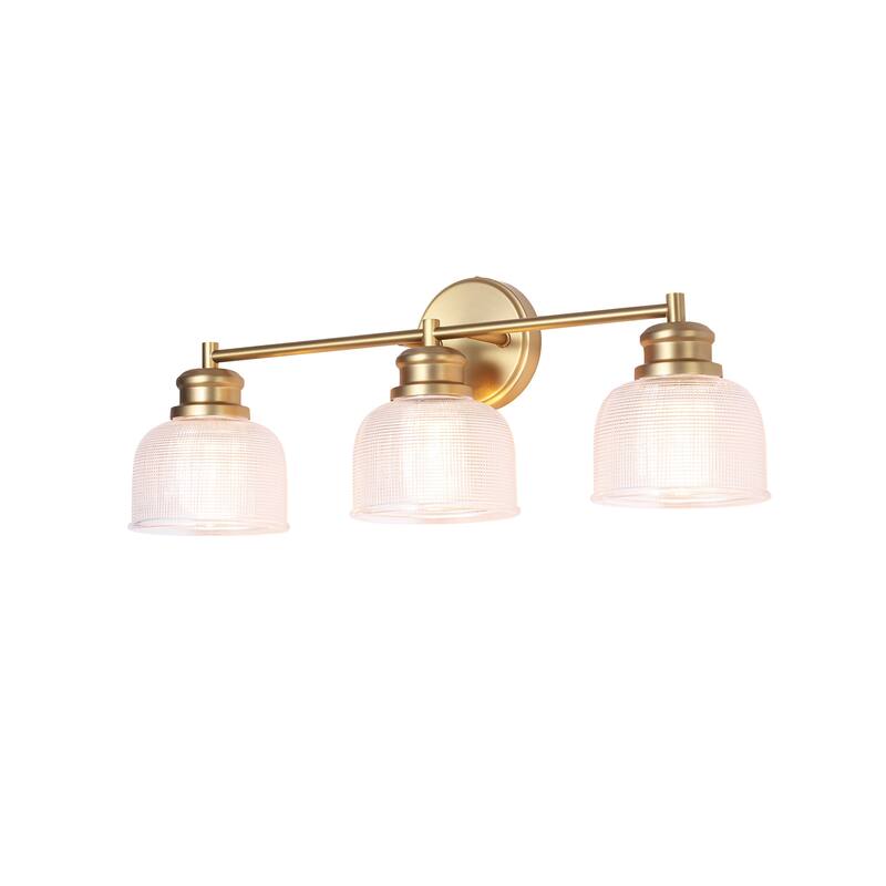 23.8" W 3-Light Retro Industrial Gold Bowl-Shaped Bathroom Vanity Light with Clear Chequered Textured Glass Shades