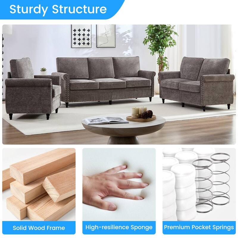 Mixoy 3Piece Chenille Living Room Sofa Set,Modern 3-Seater Sofa Couch&Loveseat Sofa&Single Sofa Armchair Set,Unique Riveted Look