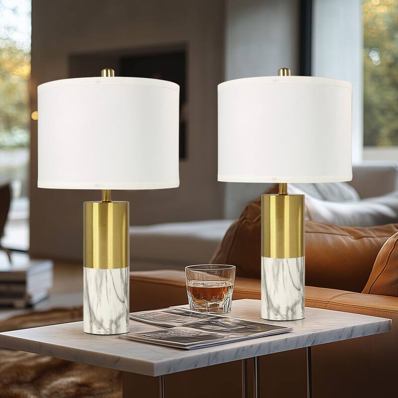 20" Modern Metal Marble Table Lamp, Bedroom Table Lamps Set of 2