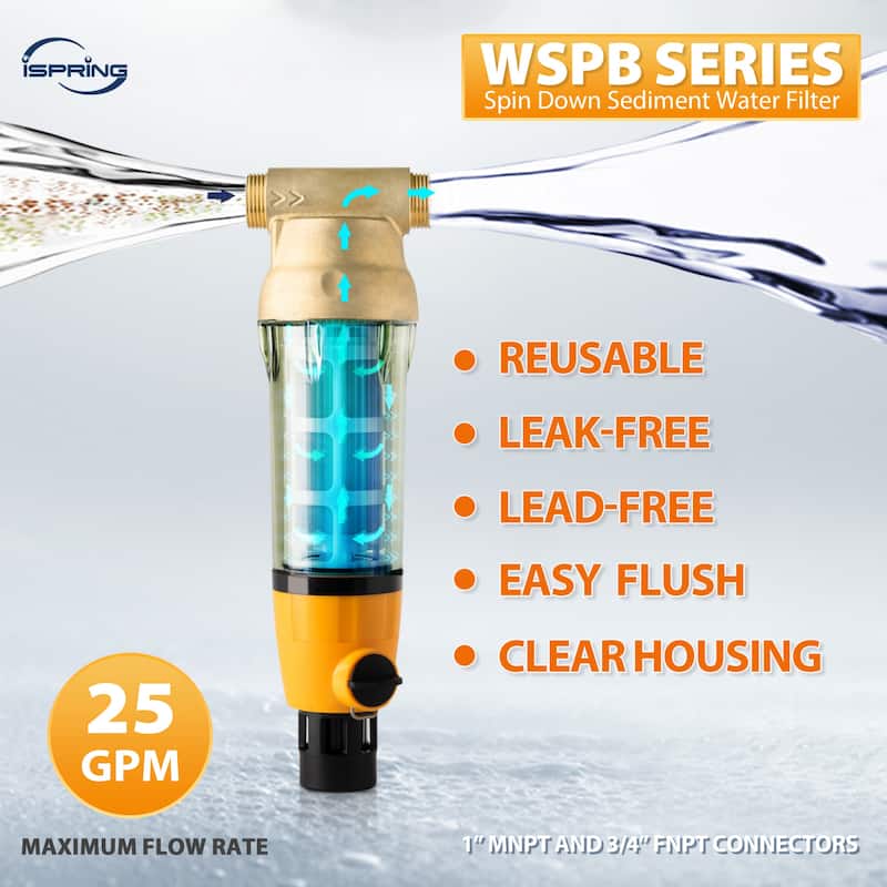 iSpring WSP100B Large Reusable Whole Spin-down Sediment Water Filter with Scraper and Brass Top Clear Housing, 100 Micron
