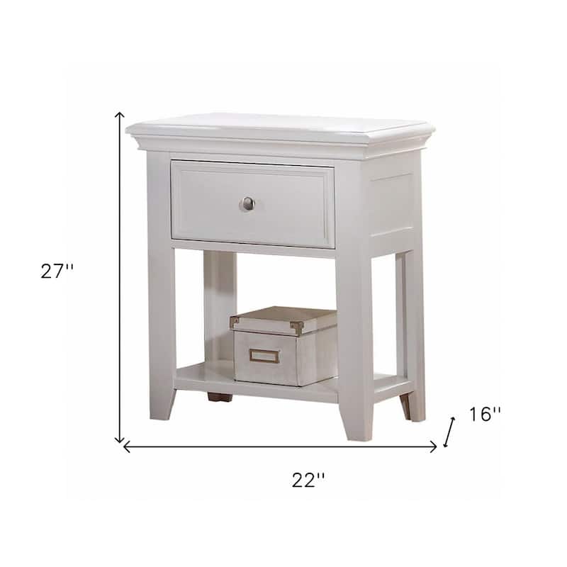White Wood 1-Drawer Rectangular Nightstand with Shelf and Legs