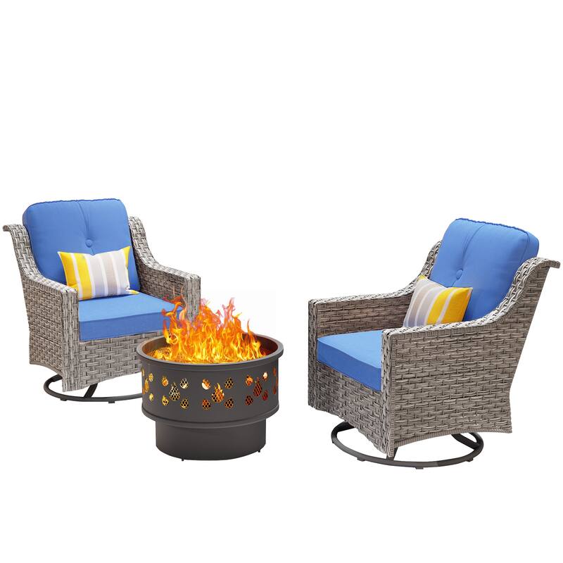 OVIOS 3 Pieces Outdoor Wicker Curved Swivel Chair Set With Fire Table