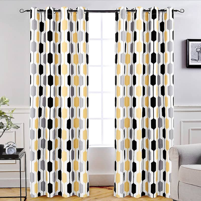 DriftAway Riley Geo Pattern Mid Century Lined Blackout Grommet Window Curtain Panel Pair - 52" width X 96 " length - Gold/Black/Gray
