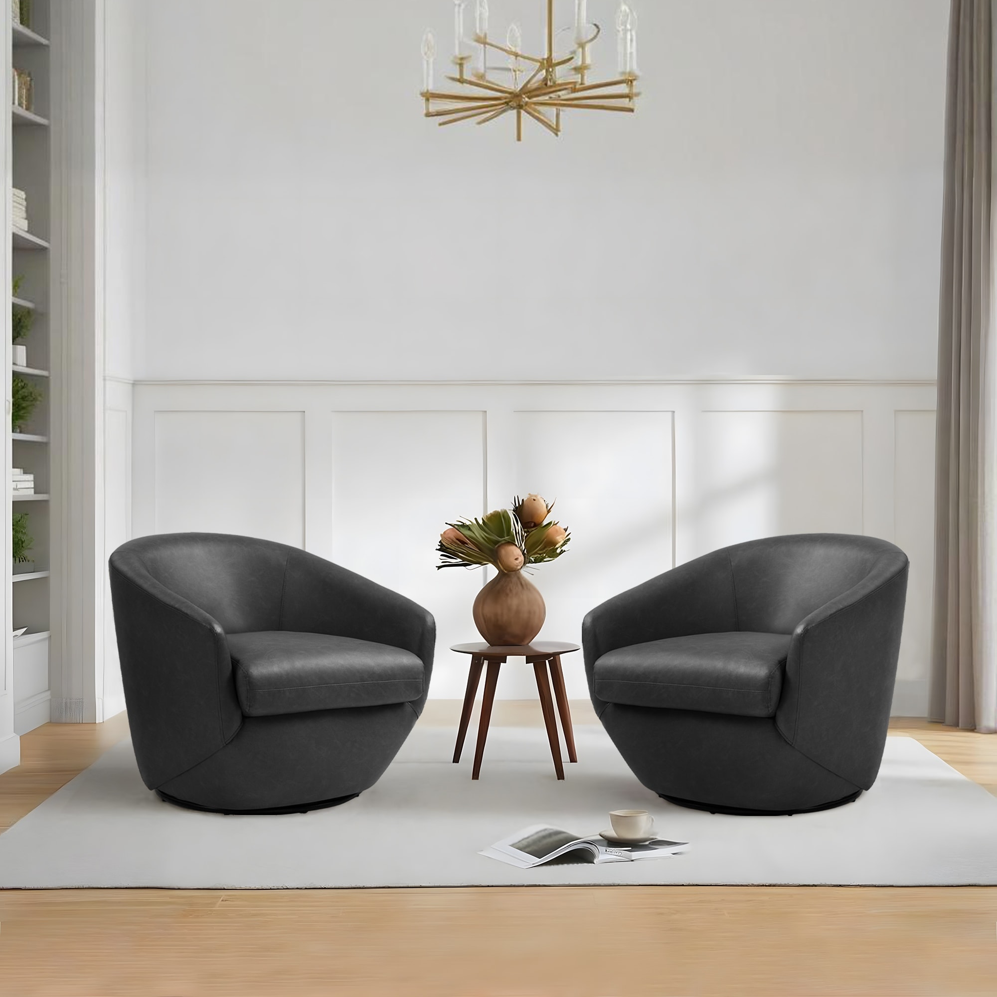 Faux Leather Velvet Upholstered Swivel Barrel Chair