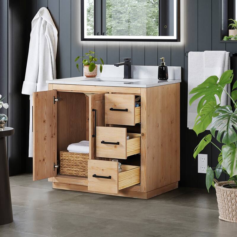 Cicero Single Bathroom Vanity in Light Brown with Grain White Engineered Stone Countertop without Mirror