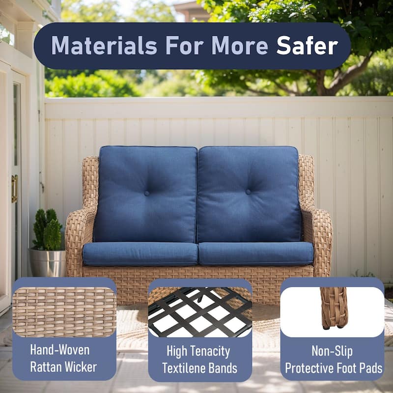 Pocassy Outdoor 6 Pieces 2-Seat Sofa Swivel Chairs Table Ottoman