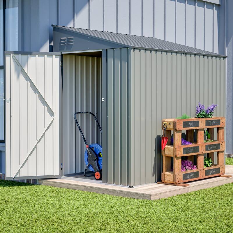 4x7 Foot Lean-To Shed, Heavy-Duty Steel Outdoor Storage for Garden Tools & Bicycles