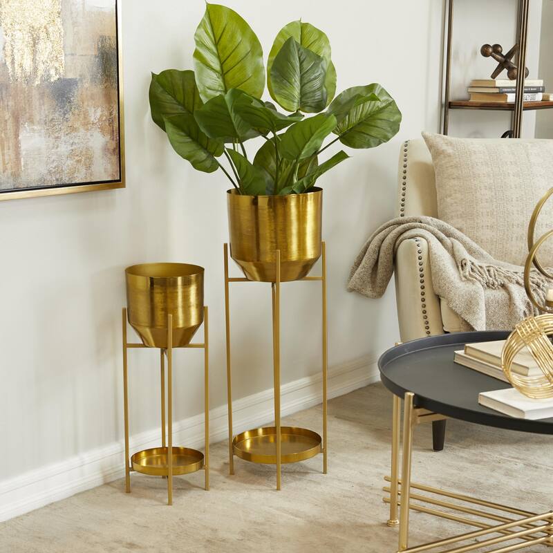 Metal Indoor Outdoor Planter with Removable Stand - Set of 2 Silver, Gold, Black - CosmoLiving by Cosmopolitan