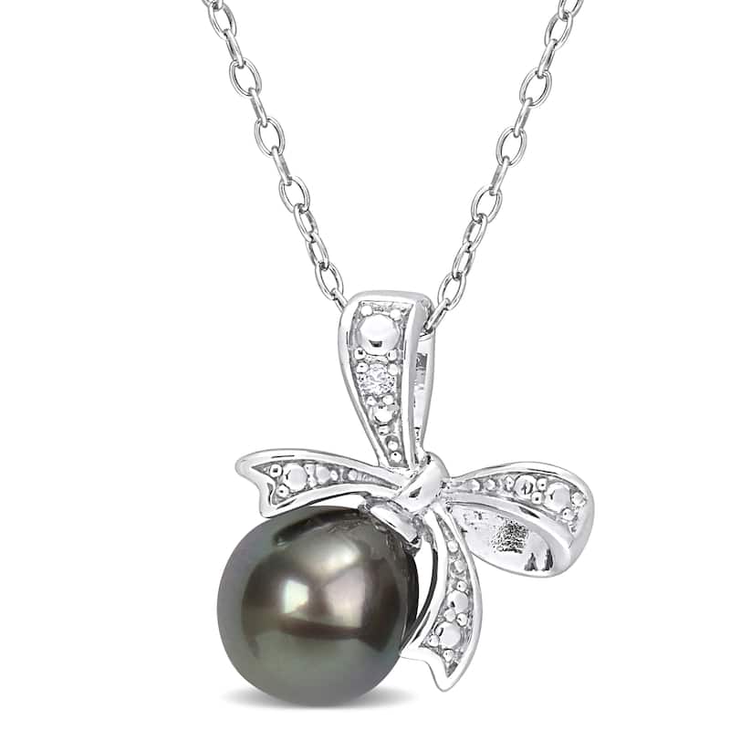 Miadora 8-8.5mm Black Tahitian Cultured Pearl and Diamond Accent Bow Pendant with Chain in Sterling Silver - 17.6 mm x 16.2 mm