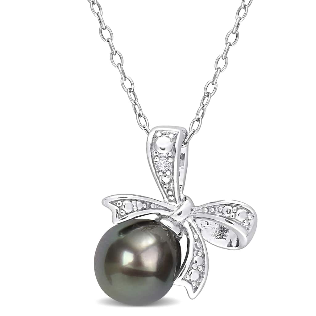 Miadora 8-8.5mm Black Tahitian Cultured Pearl and Diamond Accent Bow Pendant with Chain in Sterling Silver - 17.6 mm x 16.2 mm