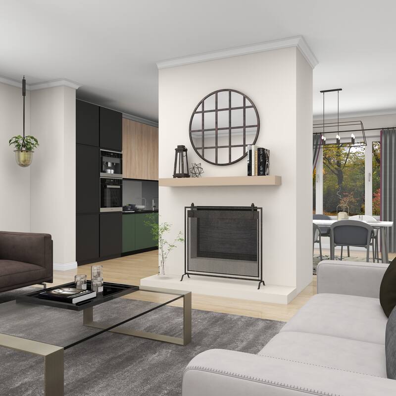 Black Metal Suspended Grid Single Panel Geometric Fireplace Screen with Bolted Detailing