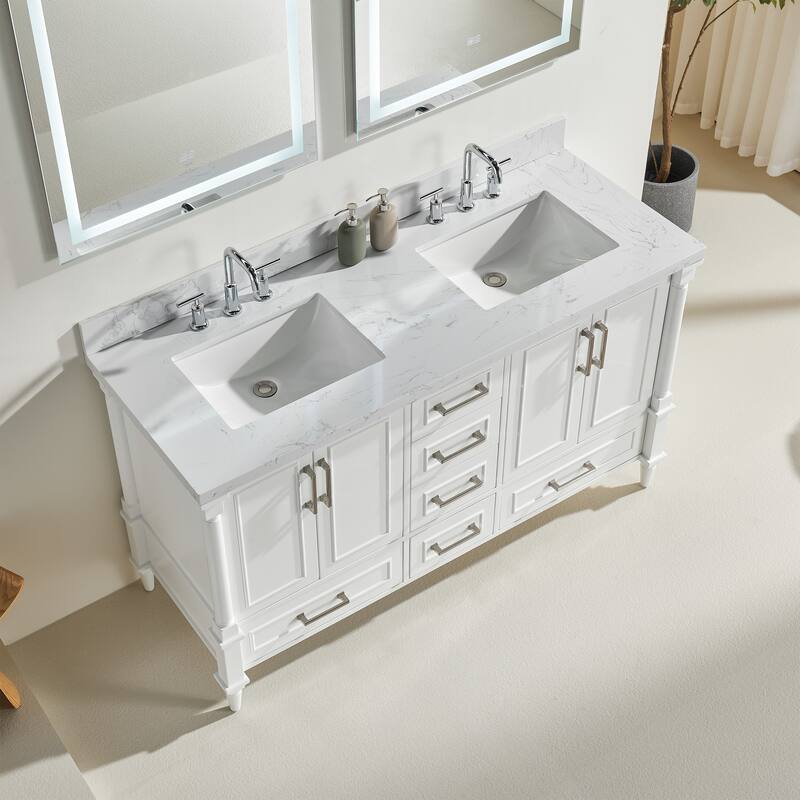 GDFStudio - Modern 60" Freestanding Bathroom Vanity with Dual Engineered Carrara Marble, Fully Assembled