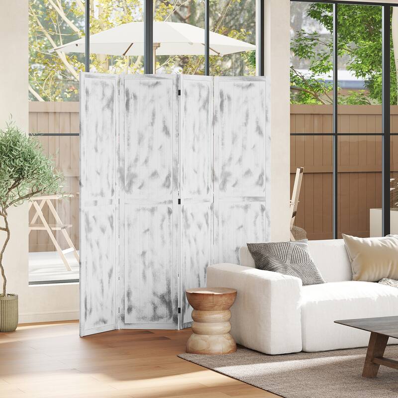 White Paulownia Wood MDF Foldable Room Divider with Rustic Panels - 63.25" W x 67" H x 0.75" D - White