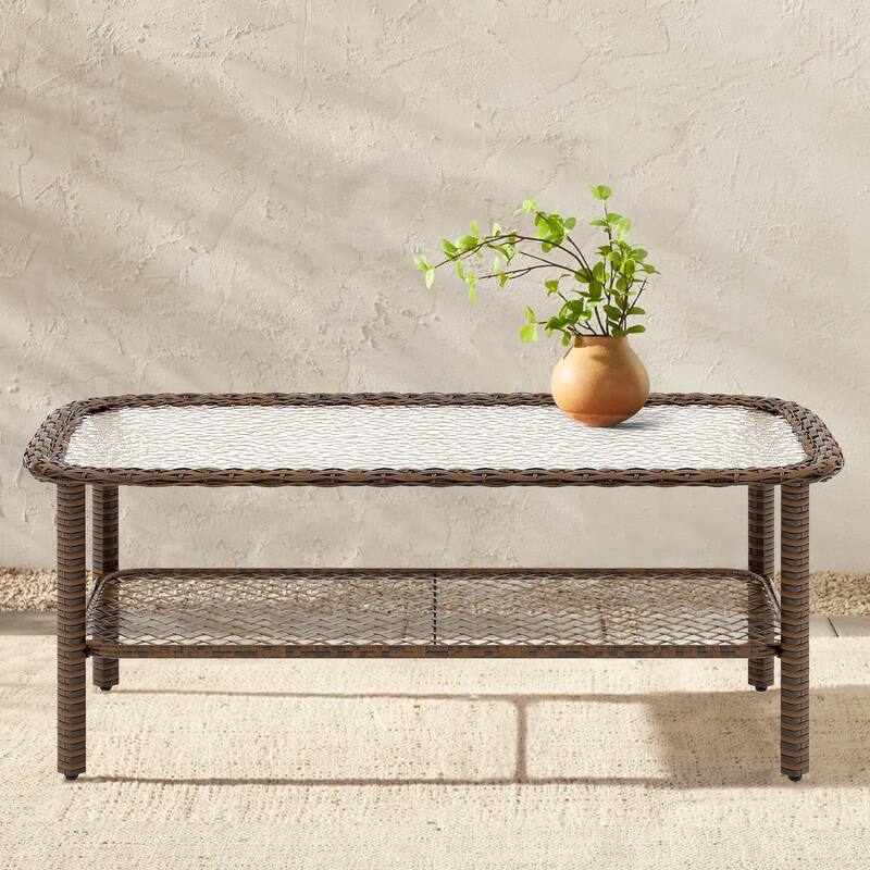 Outdoor Coffee Table with Storage Shelf, Wicker Patio Coffee Table for Patio, Outside, Balcony, Porch, Deck