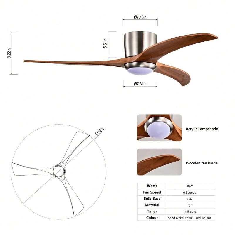 Cusp Barn 52" Flush Mount Wood Ceiling Fan With Light and Remote, Noiseless Reversible Motor 6 Speeds Ceiling Fan for Bedroom