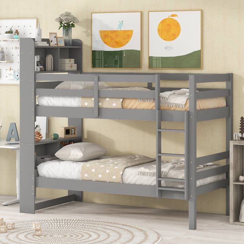 Gray Twin Solid Wood Detachable Bunk Beds with Bookcase, Safety Rail