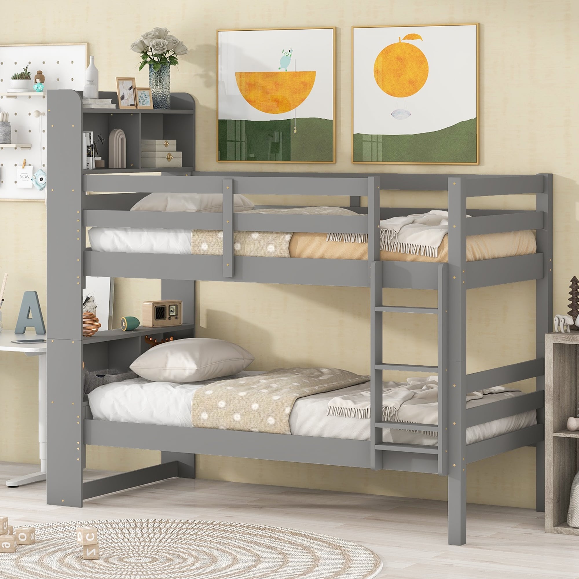 Solid Wood Twin Over Twin Bunk Beds with Bookcase Headboard Bed
