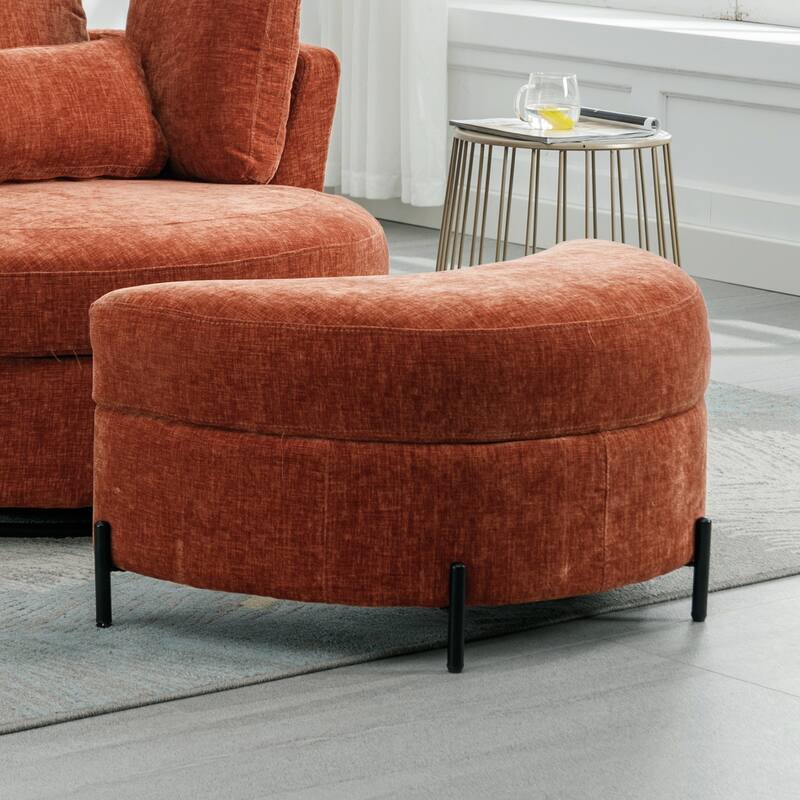 32.7" W Sherpa Upholstered Half Crescent Moon Storage Bench Large Ottoman With Tray Serve As Side Table Soft Padded Seat - Terracotta