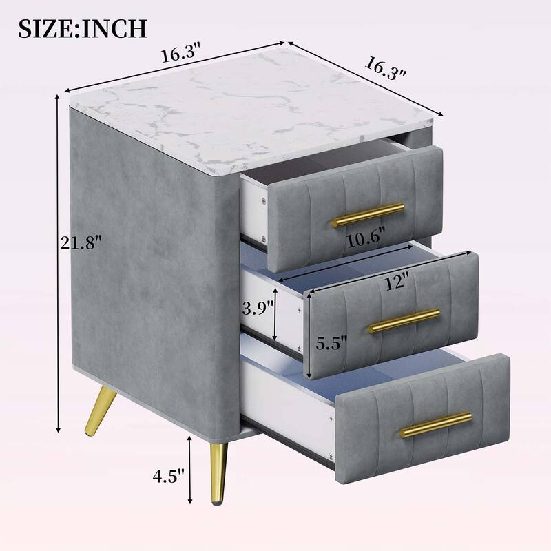 Stylish Design Upholstered Nightstand with 3 Drawers and Metal Legs & Handles