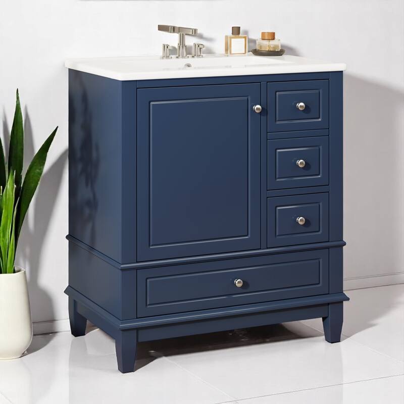 30" Freestanding Bathroom Vanity with Sink, One Door Cabinet and 3 Drawers, Solid Wood Frame & MDF Board