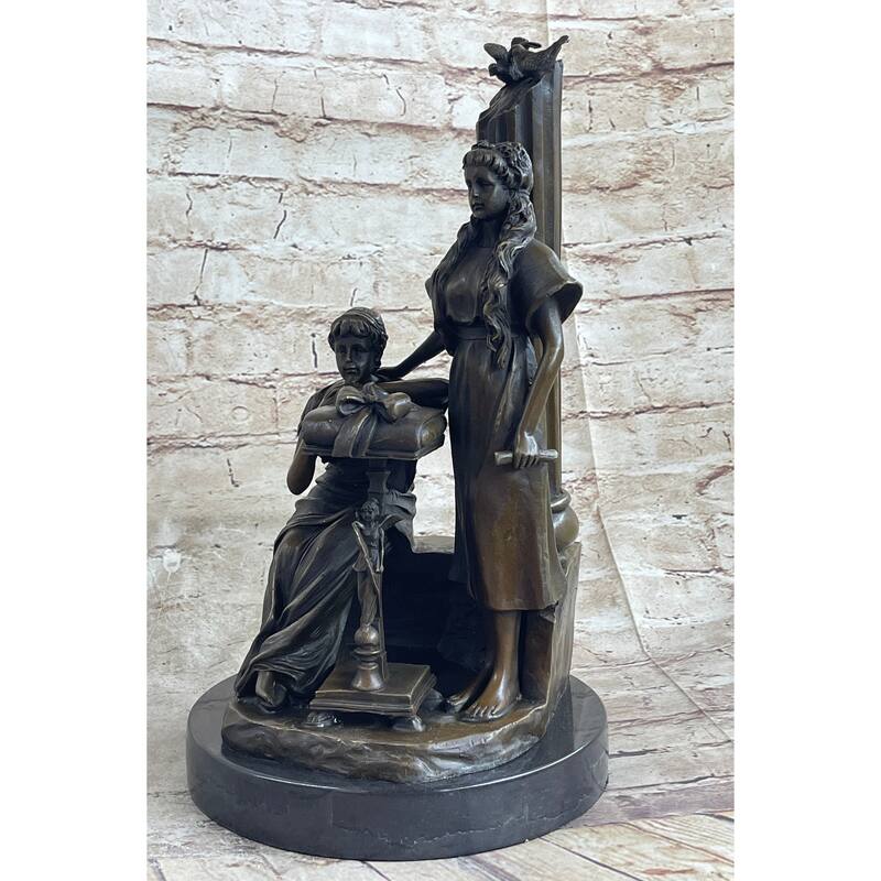 Two Young Girls W/ Book Column Bronze Statue Sculpture Moreau Decor 14 Inches X 8 Inches